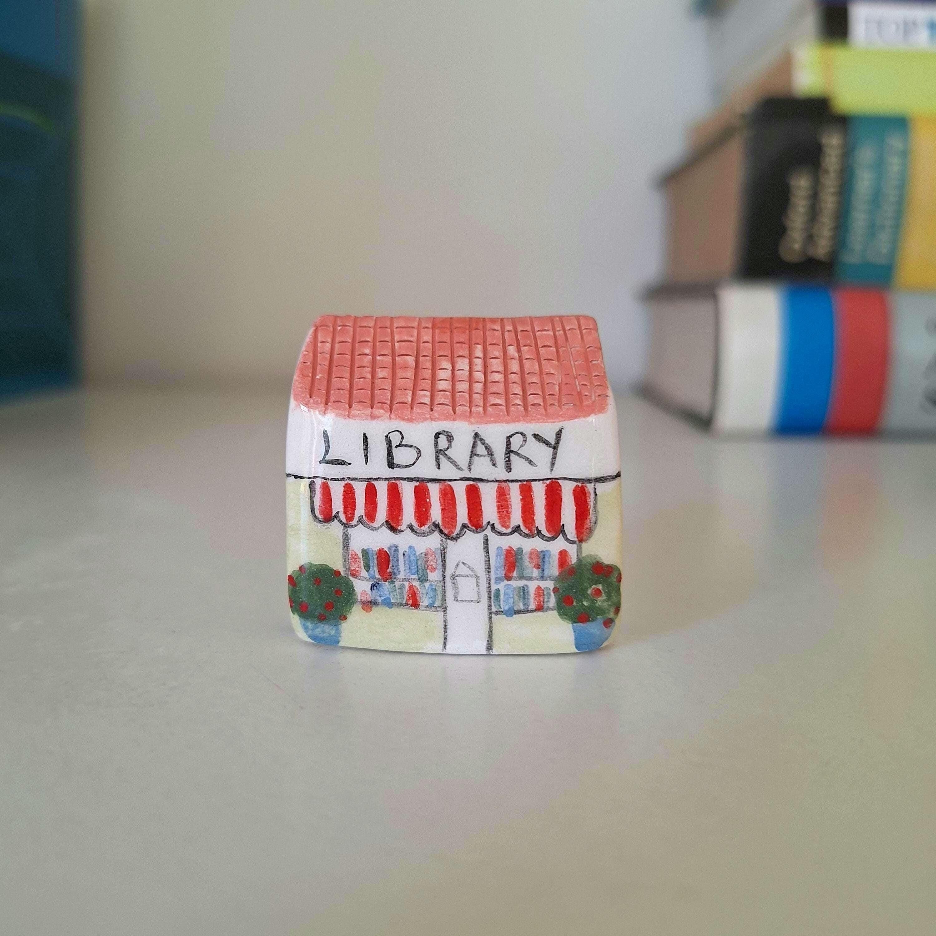 Small Handmade Pottery Library House, Pottery Village Library, Bookworm Gift, Gift for Reader