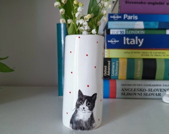 Cute Handmade Tuxedo Cat Pottery Vase, Cat Mama Vase, Cat Home Decor