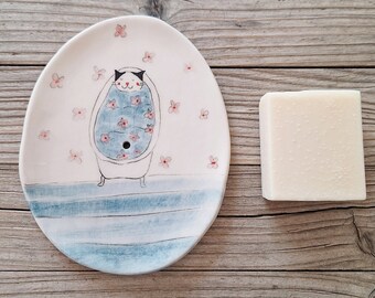 Handmade Pottery Soap Dish with Cat in the Bath Illustration, Cat Soap Dish