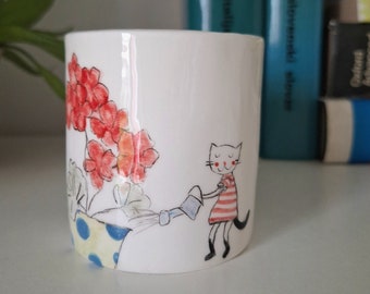 Handmade Pottery Planter with Cat Watering Flowers, Gift for Mom, Plant Pot with Cat