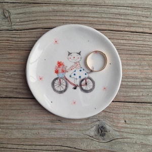 Handmade Cat Ring Dish: Bicycle Design, Pottery Plate