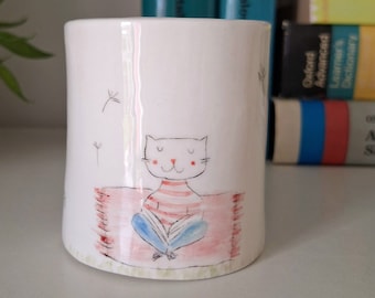 Fioriera in ceramica fatta a mano con gatto che legge un libro tra i denti di leone, regalo per topo di biblioteca, fioriera per figlia