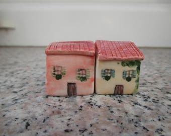 2 Small clay Houses,Tiny Ceramic Mediterranean House,Little Pottery House,Orange,Red,Tuscan House,Rustic,Colorful house,Pottery village