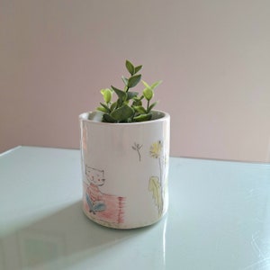 Handmade ceramic Planter with Cat Reading a Book