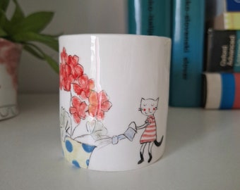 Handmade Pottery Planter with Cat Watering Flowers, Gift for Mom, Plant Pot with Cat