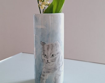 Vaso colorato in ceramica dipinto a mano con gatto soriano, vaso gatto Tabbie, decorazione per la casa Cat Mama