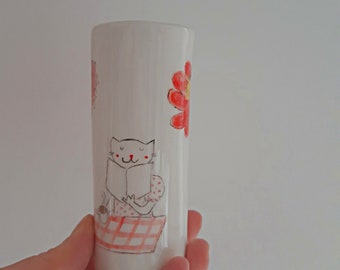 Vivid Hand Painted Vase with Feline Cat Reading a Book and Drinking Coffee, Cute Bookshelf Vase with Cat