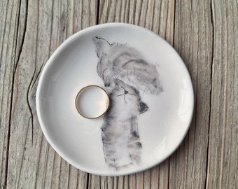 Hand Painted Pottery Ring Dish with Cat and her Kitten, Cat Ring Dish, Gift for Mama