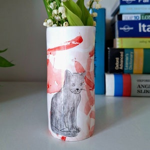 Hand Painted Pottery Vase: Gray Tabby Cat Home Decor