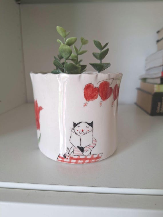 Handmade Ceramic Planter: Cat Reading Book, Floral Plant Pot