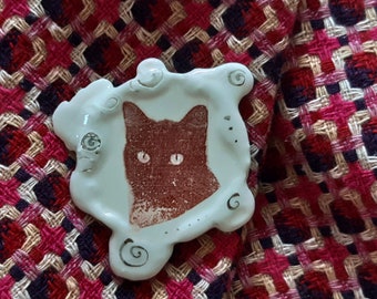 Broche poterie chat noir, jolie broche chat, broche femme chat, épingle chat noir