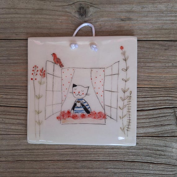 Handmade Ceramic Tile: Cat Drinking Coffee Illustration, Cat Lover Gift
