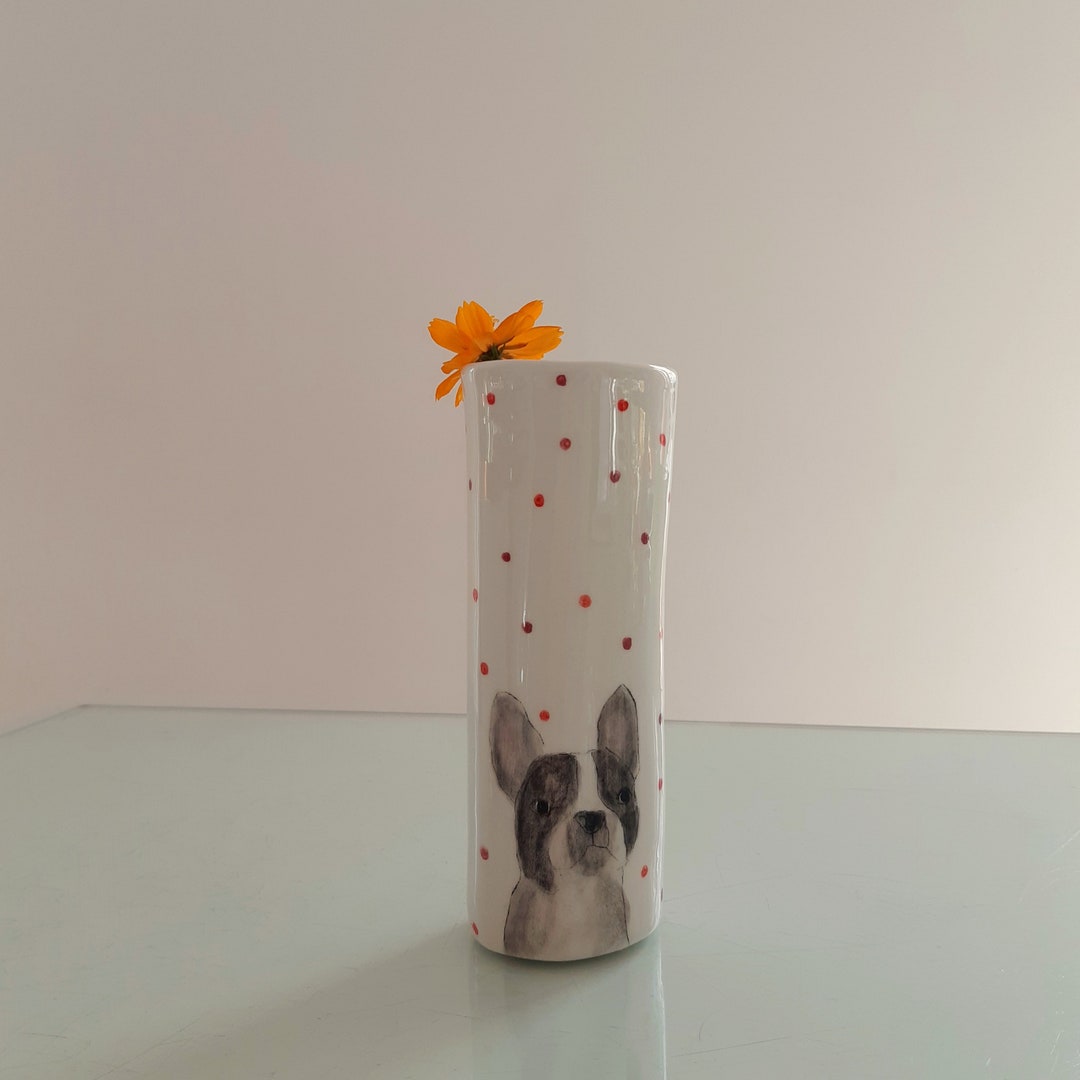 Cute Handmade French Bulldog Pottery Vase, Hand Painted Dog Vase, Dog ...
