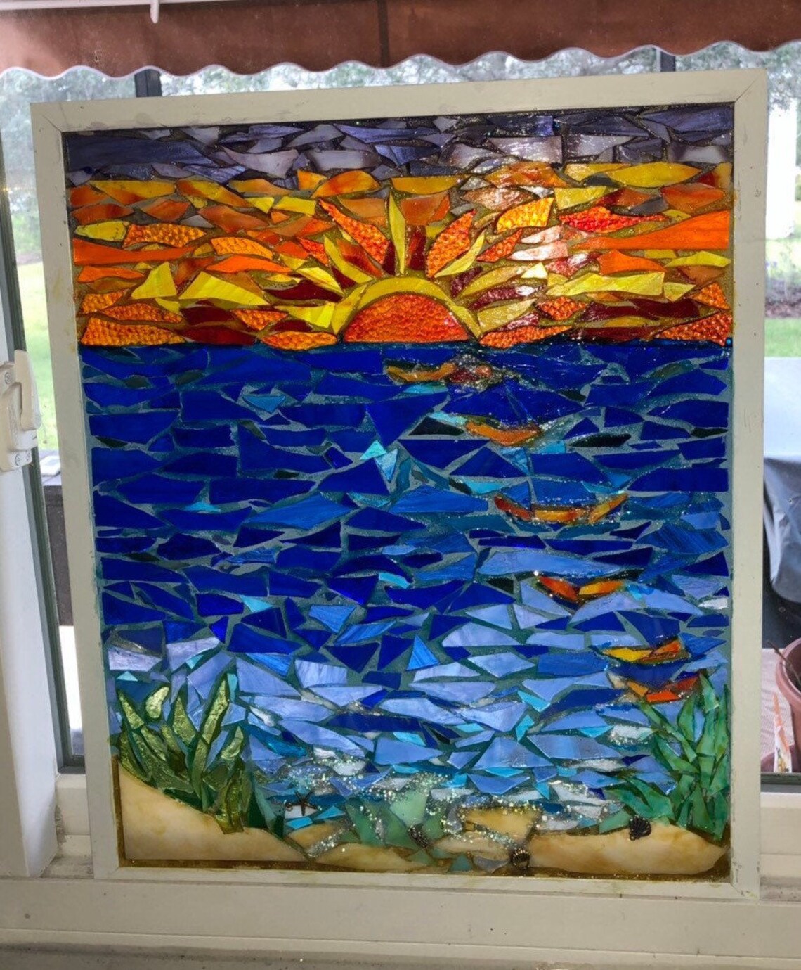 Melissas Sunrise Mosaic stained glass panel window hanging Etsy