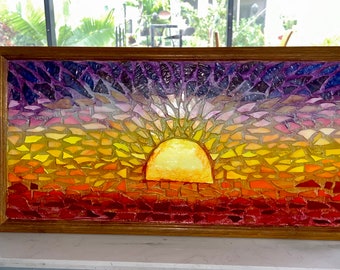Stained Glass Window:  gift, sunset, window, panel, sunset stained glass art, mosaic art, glass on glass mosaic, handmade, made in USA