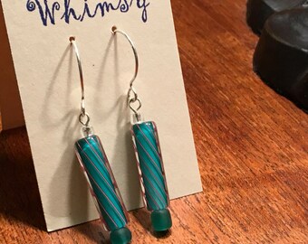 Teal Cane w/Orange Swirl & teal sea glass