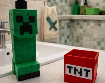 Minecraft-Inspired Creeper Soap Holder & TNT Storage Container | Gamer Bathroom Decor | Blocky Gaming Soap Dish Set