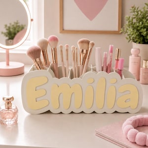 Custom Name Desk Organizer | Personalized Pen & Makeup Holder | Custom Vanity Organizer | Kids Tween Teen Desk Decor Gift Light Yellow