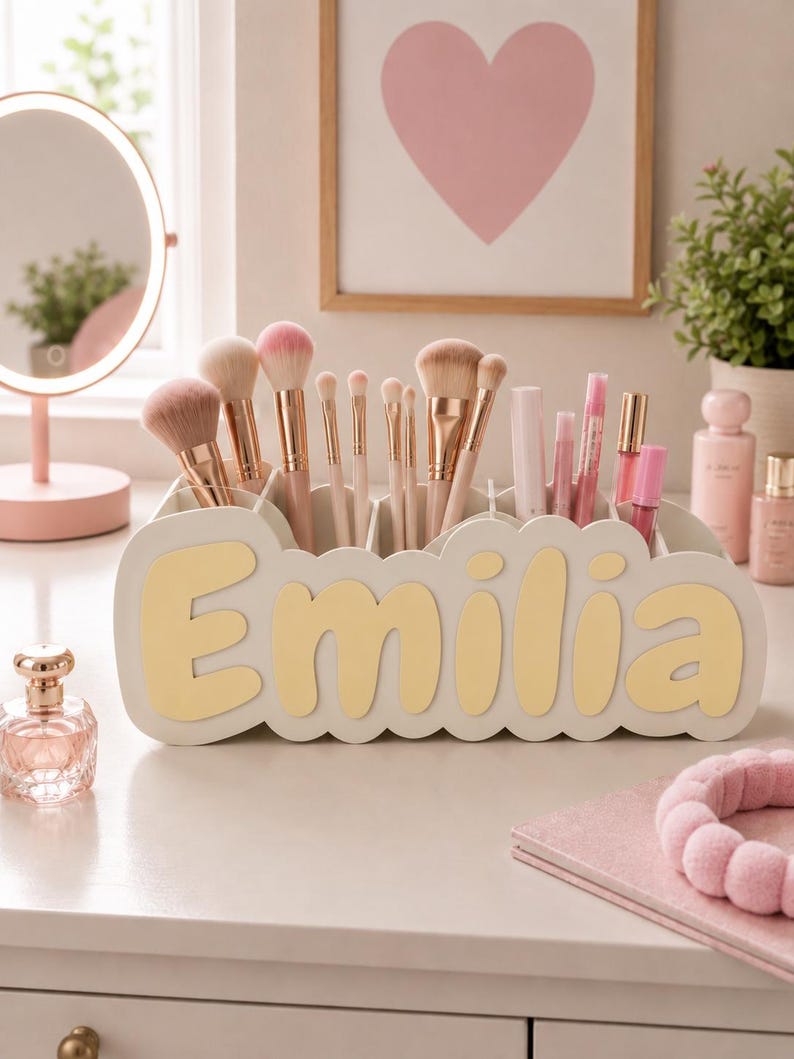 Custom Name Desk Organizer | Personalized Pen & Makeup Holder | Custom Vanity Organizer | Kids Tween Teen Desk Decor Gift Light Yellow
