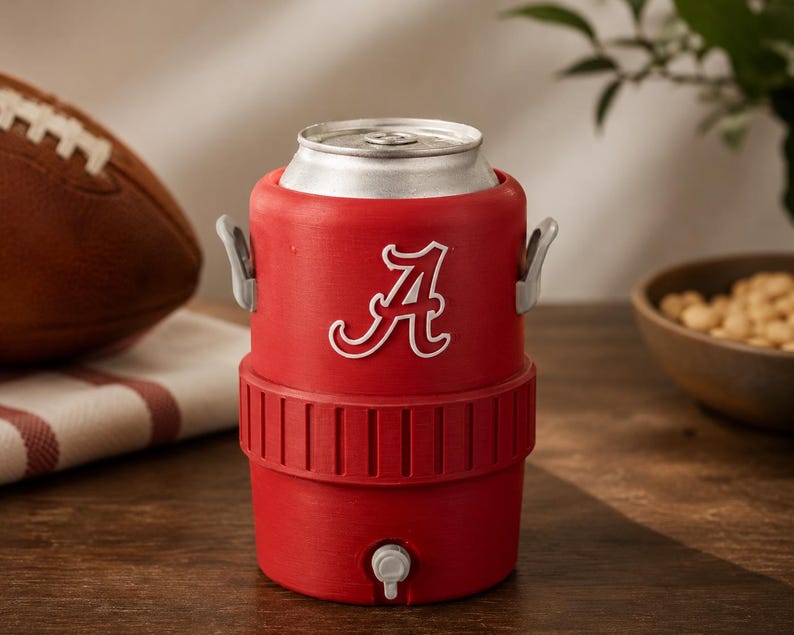 May include: A red beverage cooler shaped like a miniature water jug, featuring a white letter A logo on the front. The cooler has two small grey side handles, a textured middle band, and a small grey spigot at the base, holding a silver metal can.