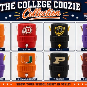 May include: A collection of eight 3D printed plastic can coolers designed to fit standard 12oz cans. Each cooler features a unique university logo and color scheme, including Tennessee, Utah, VCU, Washington, West Chester, Miami, Purdue, and Virginia Tech.