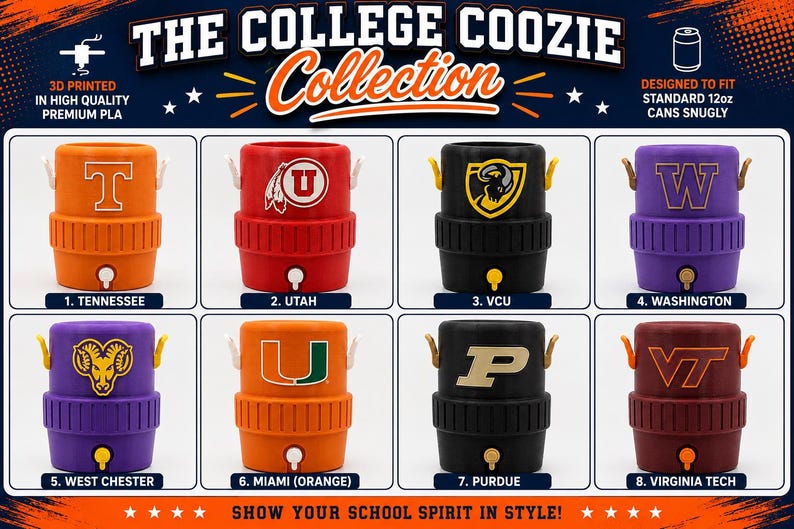May include: A collection of eight 3D printed plastic can coolers designed to fit standard 12oz cans. Each cooler features a unique university logo and color scheme, including Tennessee, Utah, VCU, Washington, West Chester, Miami, Purdue, and Virginia Tech.