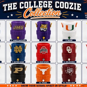 May include: A collection of fifteen 3D printed plastic can coolers, each featuring a unique college logo and color scheme. These cylindrical holders are designed to fit standard 12oz cans and include small side handles and a front drainage plug.