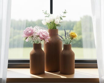 Modern Ribbed Vase Set | 3 Sizes Available | Minimalist Home & Office Decor | Dried Flower Display