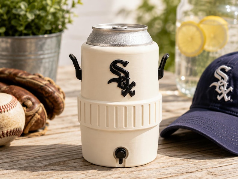 Może przedstawiać: Kremowy chłodziarka do napoj&oacute;w w kształcie miniaturowego kanistra na wodę z czarnym logo Chicago White Sox z przodu. Chłodziarka posiada mały czarny kranik u podstawy, dwa czarne uchwyty boczne oraz włożoną od g&oacute;ry srebrną metalową puszkę z napojem.