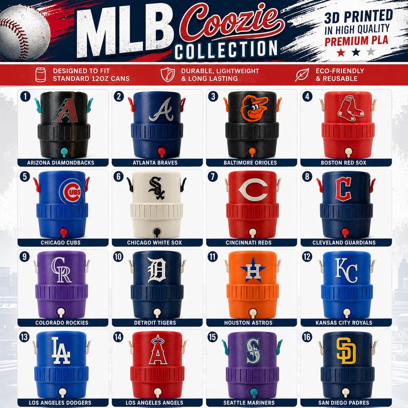Może przedstawiać: Kolekcja szesnastu drukowanych w 3D chłodziarek do puszek MLB o pojemności 355 ml. Każda cylindryczna chłodziarka posiada logo i kolorystykę drużyny, w tym Diamondbacks, Braves, Orioles, Red Sox, Cubs, White Sox, Reds, Guardians, Rockies, Tigers, Astros, Royals, Dodgers, Angels, Mariners i Padres.