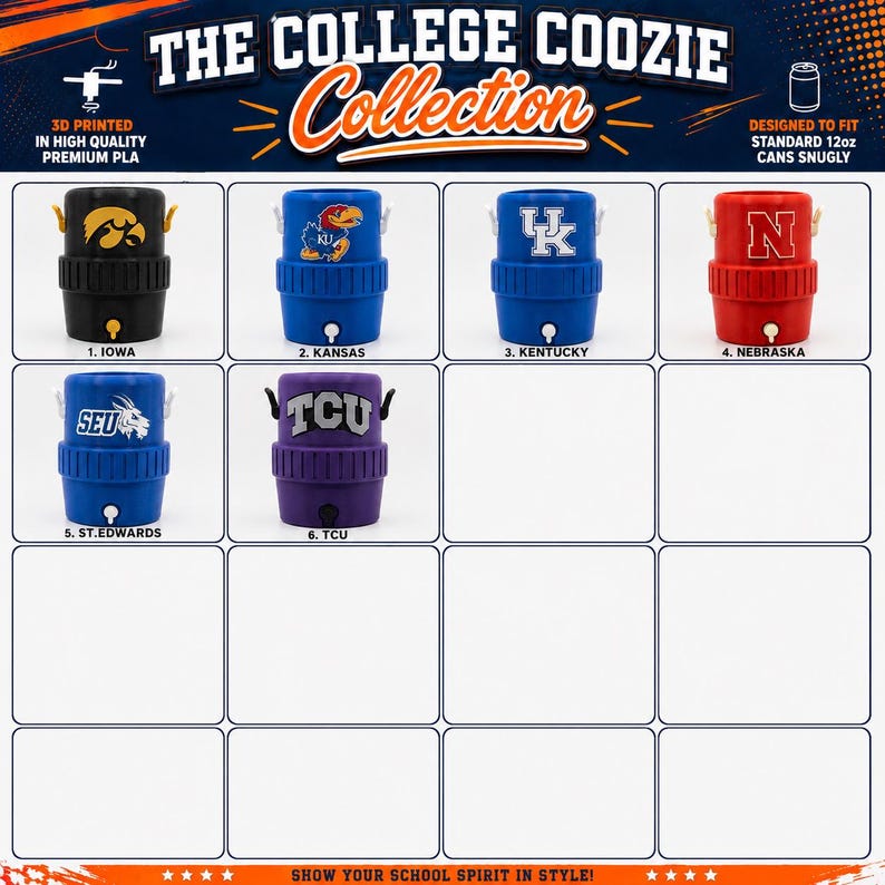College Football Can Cooler | 37 Team Options | 3D Printed Drink Holder | Fits Standard 12 oz Cans | Tailgate Gift | Football Fan Gift image 13