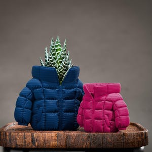 May include: Two decorative planters shaped like puffer jackets. One is navy blue and holds a succulent plant. The other is a smaller, magenta-colored planter. Both are on a wooden surface against a neutral background.