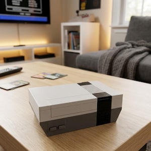 May include: A retro video game console in a white and gray color scheme sits on a wooden coffee table. The console has a black stripe and two gray buttons. Several game cartridges are also on the table, with a television and a poster in the background.