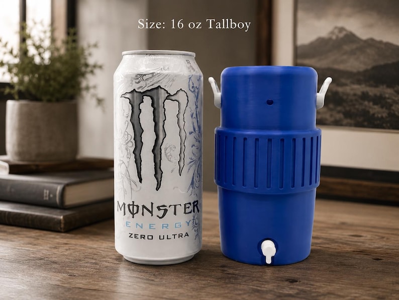 May include: A 16 oz tallboy Monster Energy Zero Ultra can with a white and silver design next to a blue plastic beverage cooler with a white spigot and two white side handles. The text on the can reads Monster Energy Zero Ultra.