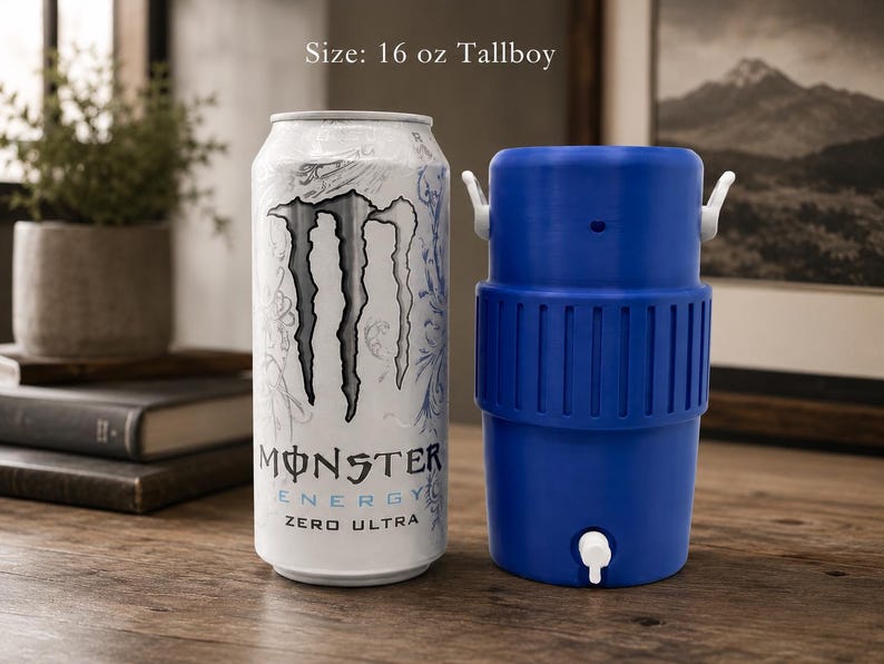Może przedstawiać: Puszka Monster Energy Zero Ultra o pojemności 16 uncji z biało-srebrnym wzorem obok niebieskiej plastikowej chłodziarki do napoj&oacute;w z białym kranikiem i dwoma białymi uchwytami bocznymi. Tekst na puszce brzmi Monster Energy Zero Ultra.