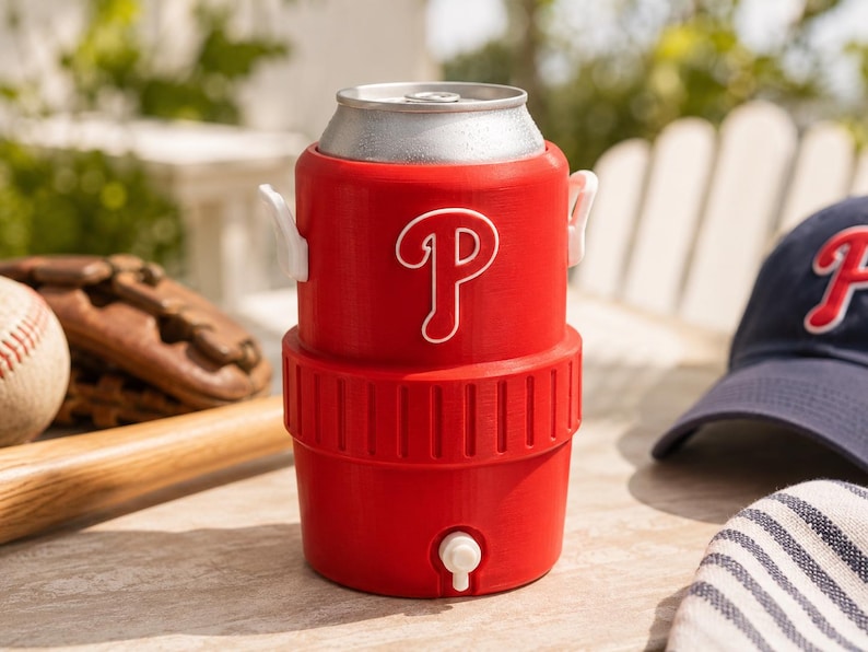 Może przedstawiać: Czerwony chłodziarka do napoj&oacute;w zaprojektowana na standardową aluminiową puszkę, z białym logo Philadelphia Phillies z przodu, białym kranikiem u podstawy i dwoma małymi białymi uchwytami bocznymi, z widoczną metaliczną srebrną g&oacute;rą puszki w otworze.