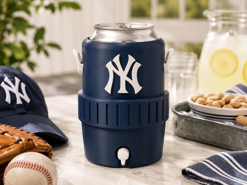 Może przedstawiać: Granatowa chłodziarka do napoj&oacute;w w kształcie piłki baseballowej, z białym logo New York Yankees z przodu, srebrną metalową pokrywą, białym kranikiem u podstawy oraz teksturowanym środkowym pasem z dwoma białymi uchwytami po bokach do przenoszenia.