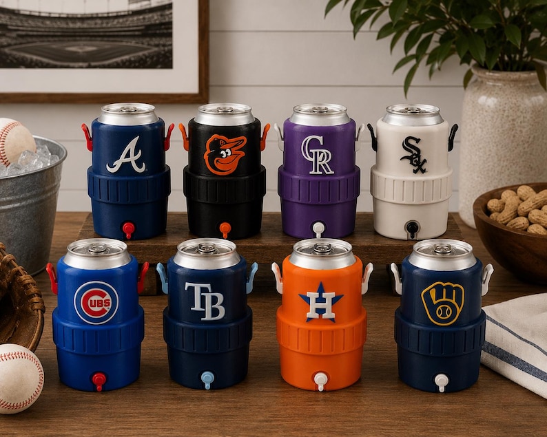 Może przedstawiać: Osiem cylindrycznych chłodziarek do napoj&oacute;w z metalicznymi srebrnymi wieczkami, każda z unikalnym logo drużyny Major League Baseball. Chłodziarki są ustawione w dw&oacute;ch rzędach i występują w r&oacute;żnych kolorach, w tym niebieskim, czarnym, fioletowym, białym i pomarańczowym.