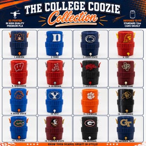 May include: A collection of sixteen 3D printed plastic can coolers designed for 12oz cans, each featuring a unique college logo and team colors. The grid displays various designs including Auburn, Duke, Penn State, USC, Wisconsin, Alabama, Arkansas, Texas A&M, Boise State, BYU, Clemson, Colorado, Florida, Florida State, Georgia, and Georgia Tech.