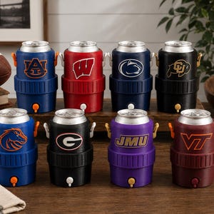 May include: Eight beverage can coolers shaped like miniature water jugs, each featuring a different collegiate sports logo. The coolers are arranged in two rows and come in various colors including blue, red, black, purple, and maroon.
