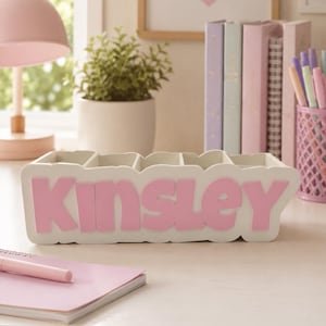 Custom Name Desk Organizer | Personalized Pen & Makeup Holder | Custom Vanity Organizer | Kids Tween Teen Desk Decor Gift Light Pink