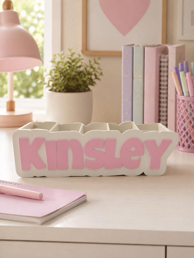 Custom Name Desk Organizer | Personalized Pen & Makeup Holder | Custom Vanity Organizer | Kids Tween Teen Desk Decor Gift Light Pink