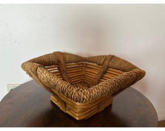 Vintage Tiered Wicker Basket Square Rattan Seagrass Rope Edge Boho Decor Bowl