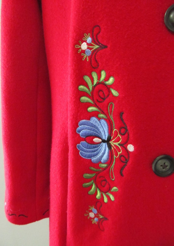 Red Wool Coat Scandinavian Embroidery Black Faux … - image 4