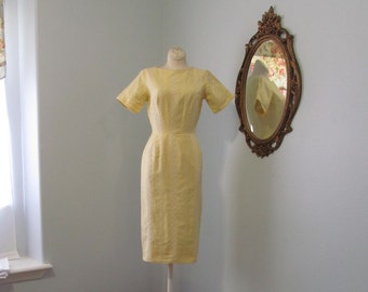 Vestido vintage de algodão bordado amarelo e branco dos anos 1950 Pin-Up Rockabilly