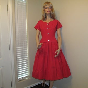 1950&#39;s Red Cocktail Party Dress with Rhinestone Buttons