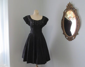 1950s/60s Black Cotton Fit And Flare Dress Trimmed In Rhinestones And White Beads Pinup Rockabilly Bust 35 Inches Waist 26 Inches