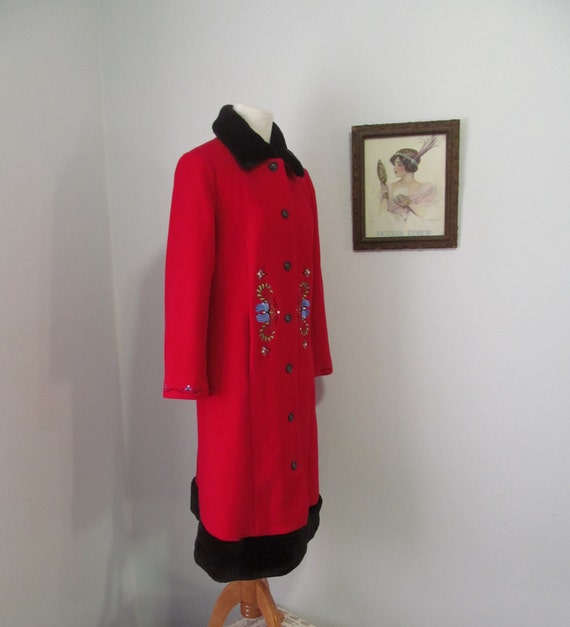 Red Wool Coat Scandinavian Embroidery Black Faux … - image 2