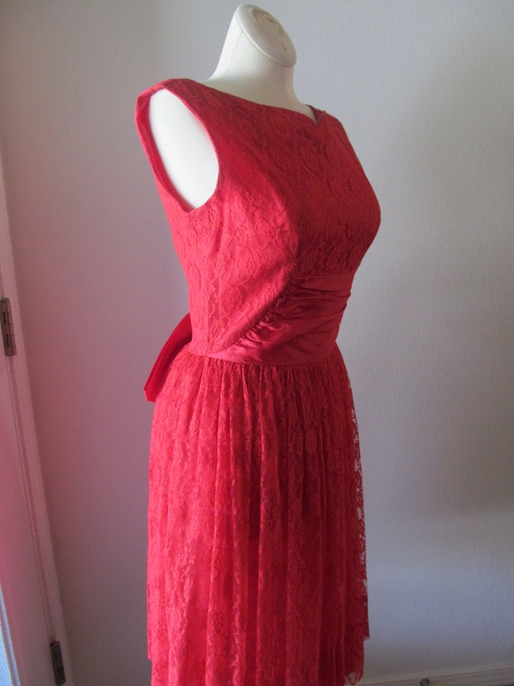 Vintage 1950s 1960s Red Lace Party Dress Swing Pi… - image 4