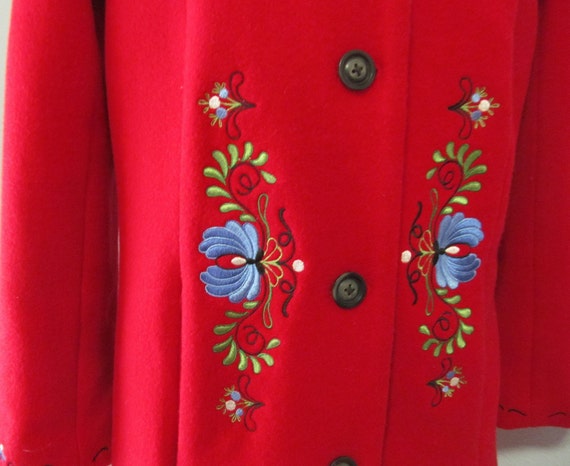 Red Wool Coat Scandinavian Embroidery Black Faux … - image 6